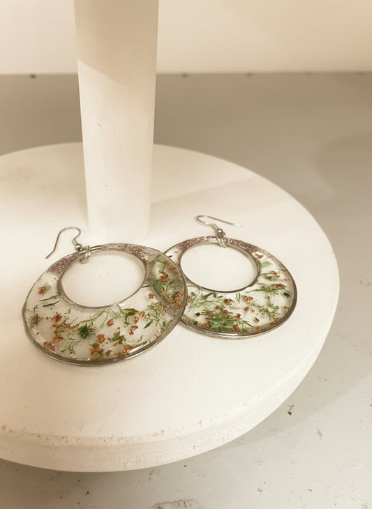Handmade Dried Flower Resin Hoop Earrings – Stainless Steel | Unique Statement Jewellery