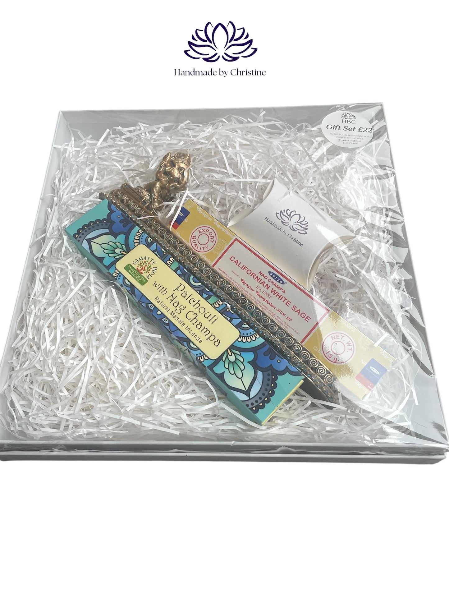 Ganesh Incense Gift Set with Soapstone Ash Catcher, 2 Satya Incense Packs & Tumbled Stone Lucky Dip