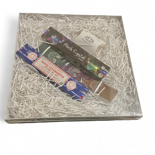 Incense Gift Set with Soapstone Ash Catcher, 2 Satya Incense Packs & Tumbled Stone Lucky Dip
