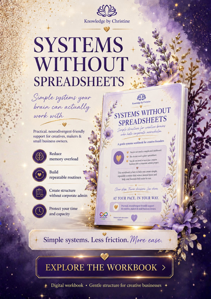 Systems Without Spreadsheets digital workbook cover for creative founders, by Knowledge by Christine