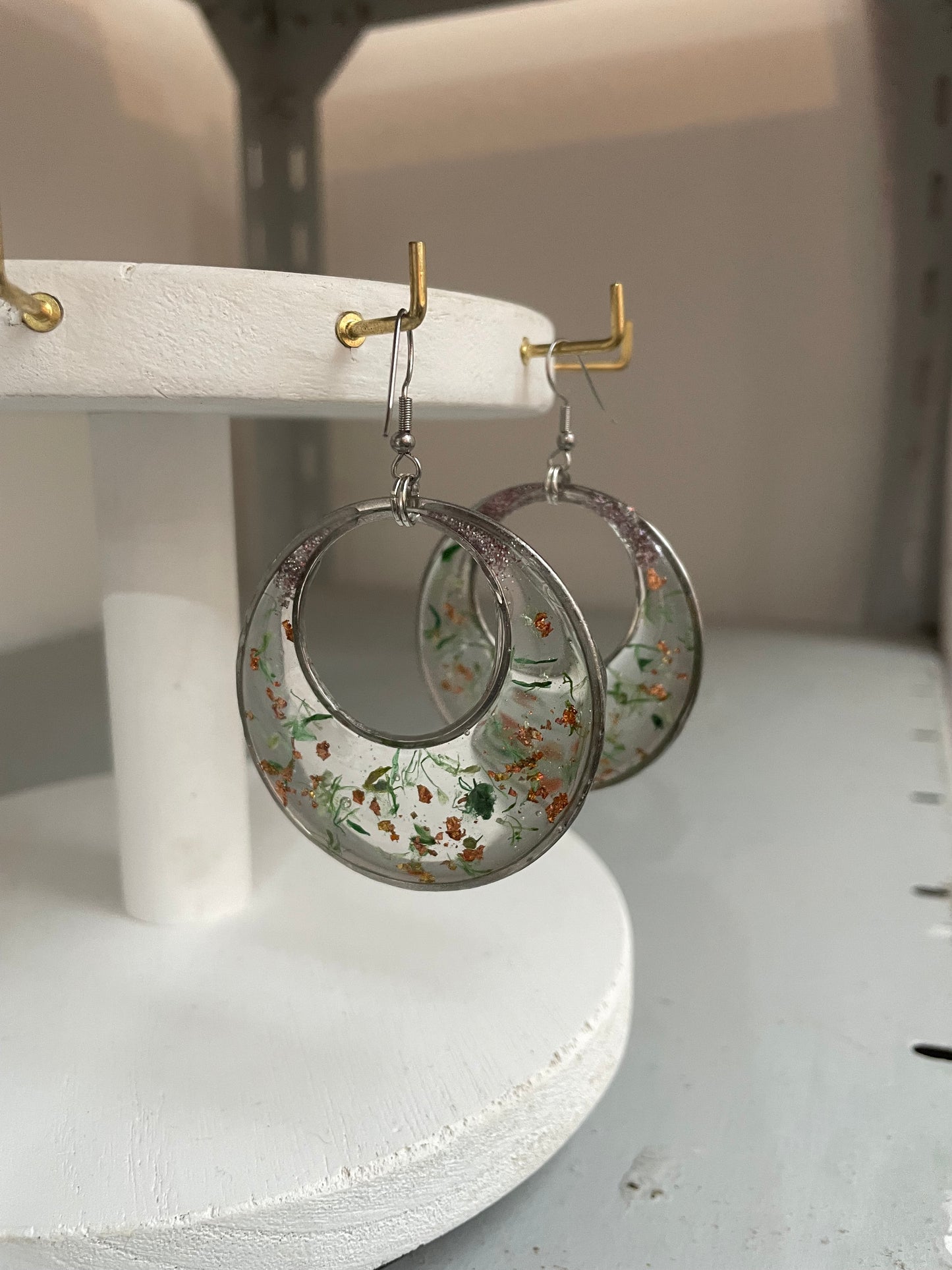 Handmade Dried Flower Resin Hoop Earrings – Stainless Steel | Unique Statement Jewellery