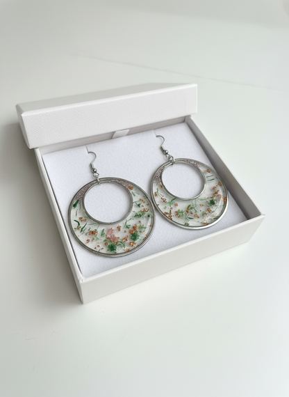 Handmade Dried Flower Resin Hoop Earrings – Stainless Steel | Unique Statement Jewellery
