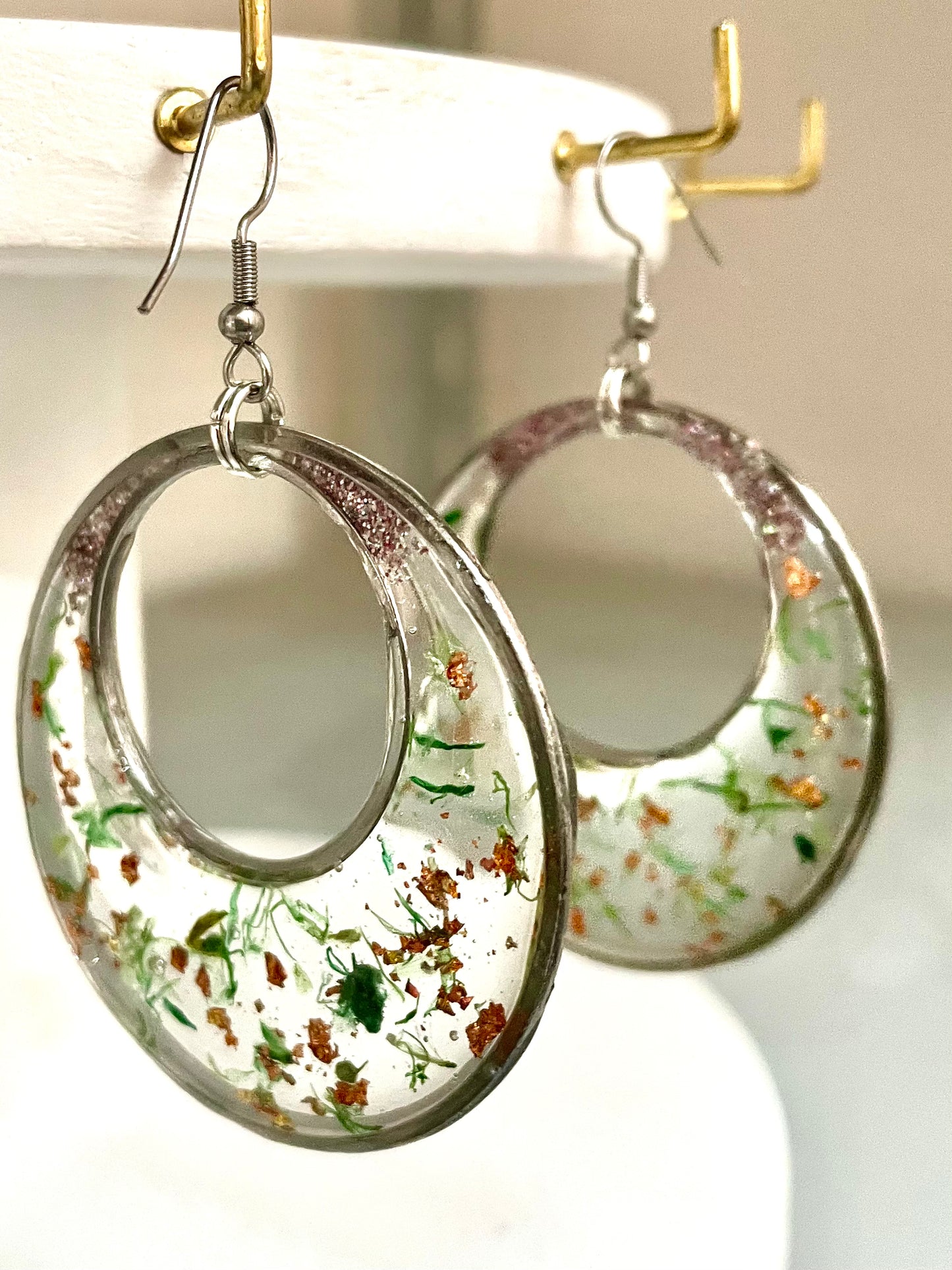 Handmade Dried Flower Resin Hoop Earrings – Stainless Steel | Unique Statement Jewellery