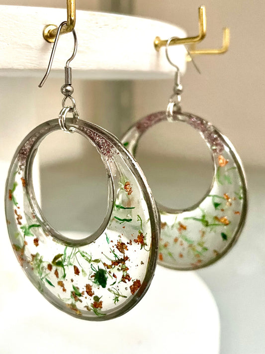 Handmade Dried Flower Resin Hoop Earrings – Stainless Steel | Unique Statement Jewellery