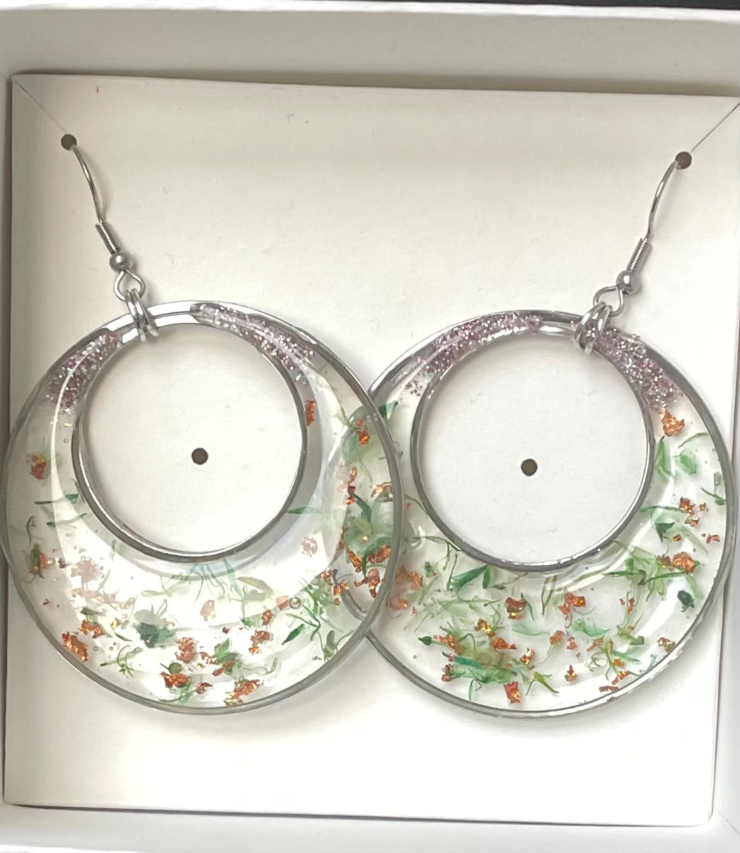 Handmade Dried Flower Resin Hoop Earrings – Stainless Steel | Unique Statement Jewellery