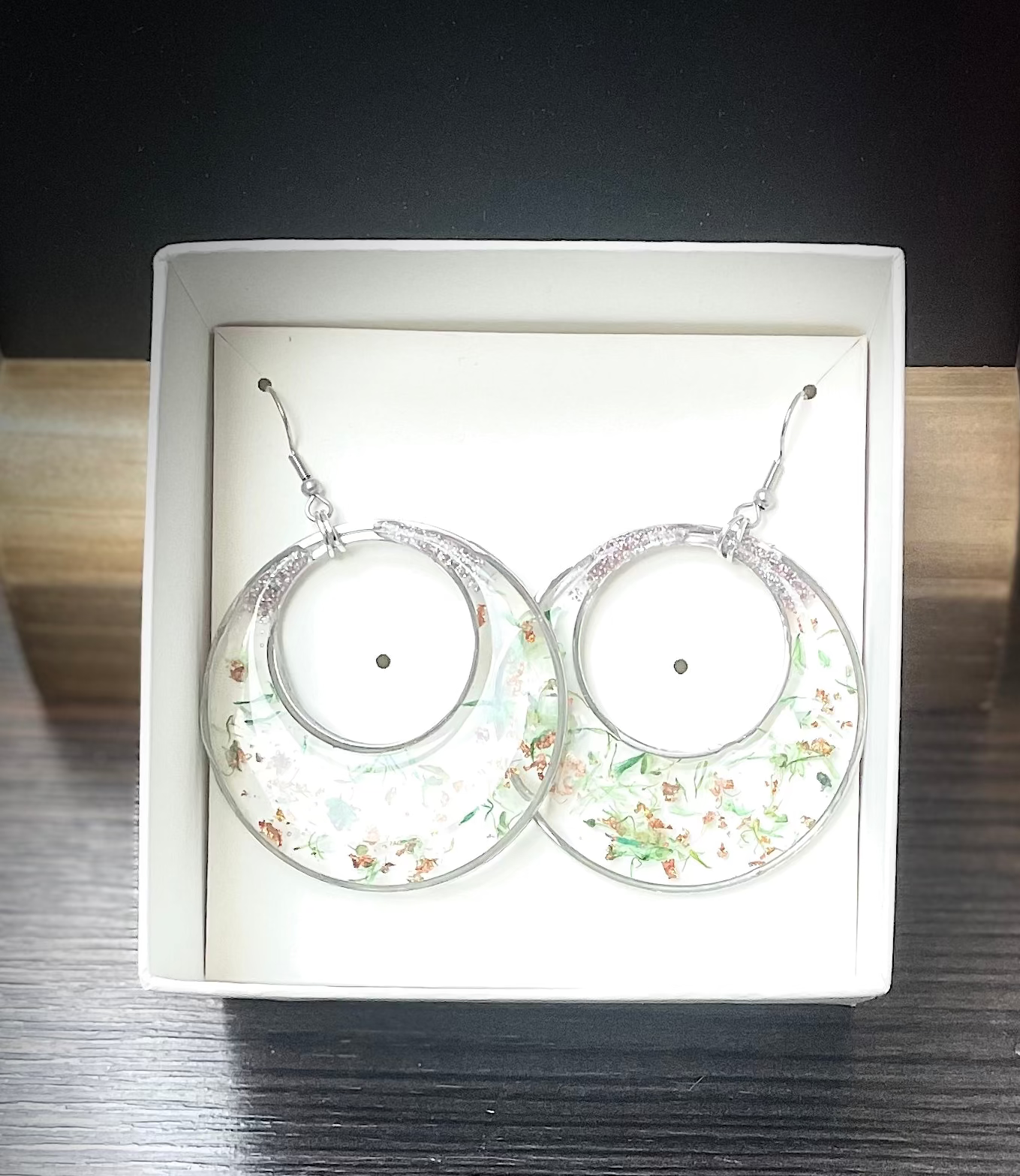 Handmade Dried Flower Resin Hoop Earrings – Stainless Steel | Unique Statement Jewellery