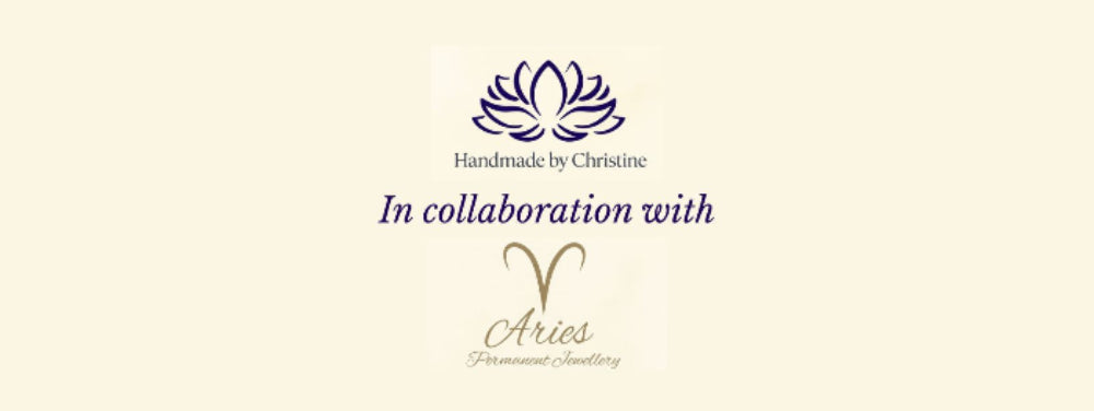 Logo of 'Handmade by Christine' with a collaboration mention to 'Aries Jewellery' on a beige background.